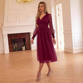 Fairy Deep V Plunge Mesh Bubble Long Sleeve Dress Slimming Waist Dress
